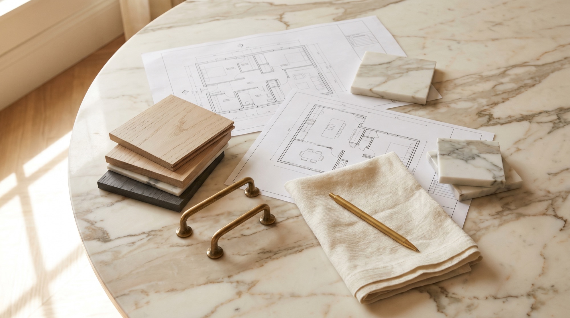 AG Signature Kitchens design studio — marble samples, brass hardware and architectural plans